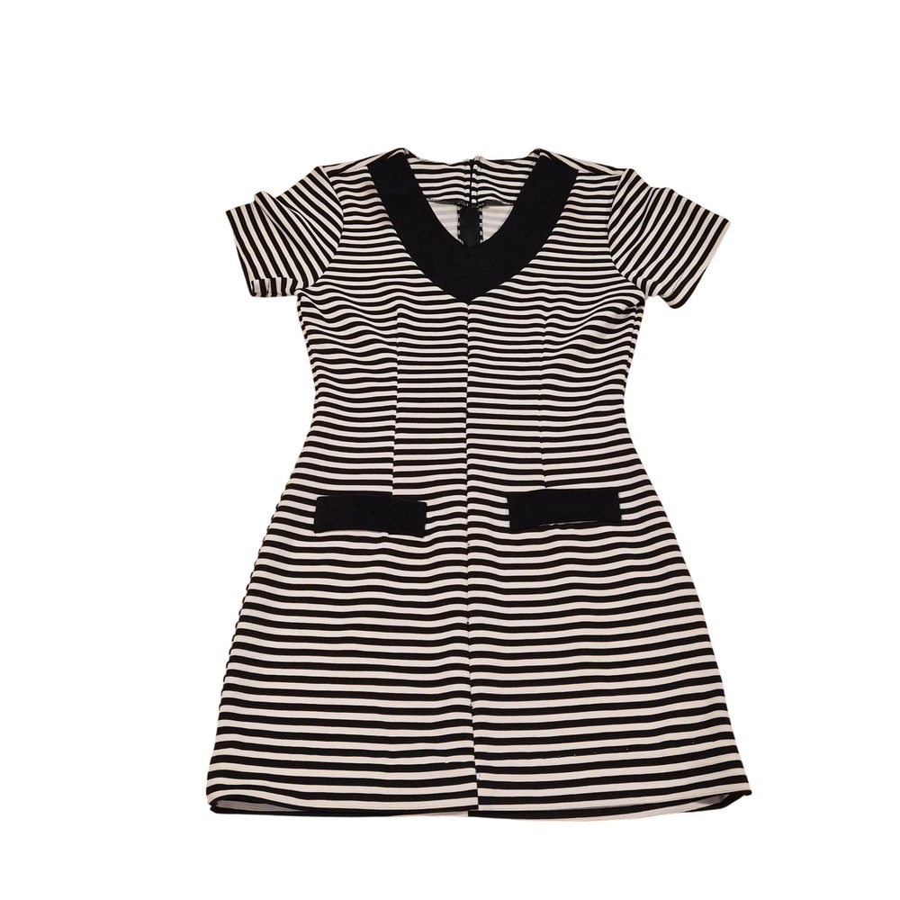 Black and White Striped V-Neck Mini Dress Short Sleeve Ribbed Texture